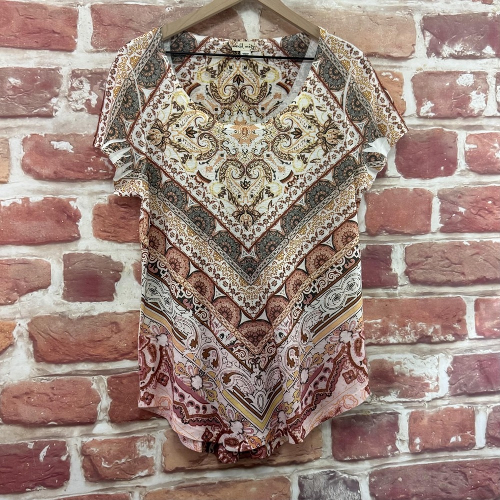 World Unity Top Women's Large Multicolor Boho Paisley Striped Casual Shirt - Picture 2 of 9